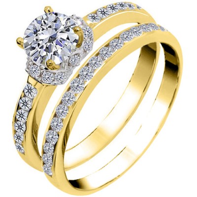 Χρυσό δαχτυλίδι μονόπετρο και σειρέ Κ14 με ζιργκόν