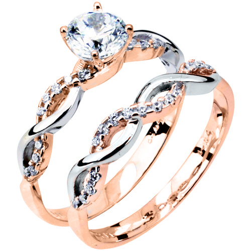 Μονόπετρο και σειρέ δαχτυλίδι από ροζ και λευκό χρυσό Κ14 με ζιργκόν