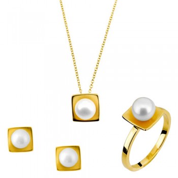 Mini set από κίτρινο χρυσό Κ14 με μαργαριτάρια