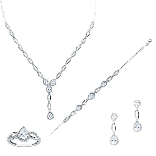 Λευκόχρυσο νυφικό σετ κοσμημάτων Κ14 με σκουλαρίκια, κολιέ, δαχτυλίδι, βραχιόλι