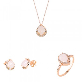 Σετ σταγόνες από ροζ χρυσό Κ14 με χαλαζία