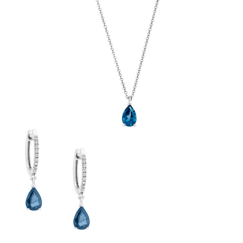 Λευκόχρυσο σετ κοσμημάτων με κολιέ και σκουλαρίκια Κ18 με London Blue Topaz και brilliant