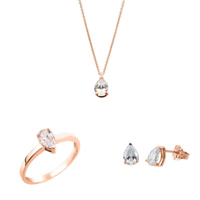 Ροζ χρυσό σετ κοσμημάτων σταγόνες Κ14 με σκουλαρίκια, δαχτυλίδι, κολιέ