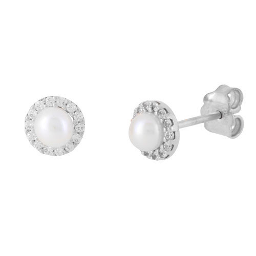 Λευκόχρυσα σκουλαρίκα ροζέτες Κ14 με μαργαριτάρια