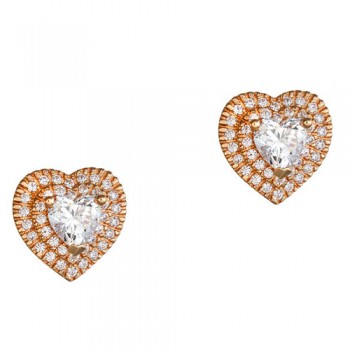 Ροζ χρυσά σκουλαρίκια καρδιές Κ14 με ζιργκόν