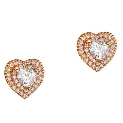 Ροζ χρυσά σκουλαρίκια καρδιές Κ14 με ζιργκόν