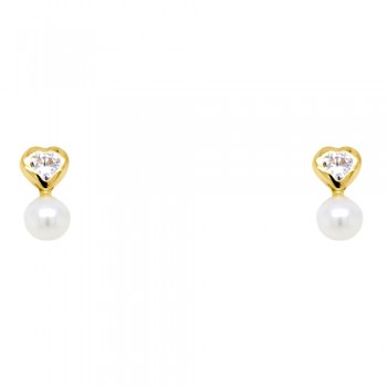 Χρυσά σκουλαρίκια καρδιές Κ14 με μαργαριτάρια