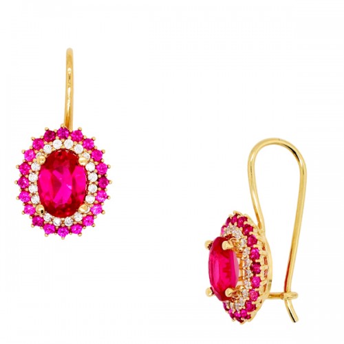 Χρυσά κρεμαστά σκουλαρίκια οβάλ ροζέτες Κ14 με ζιργκόν