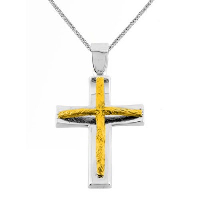 Λευκόχρυσος μασίφ βαπτιστικός σταυρός Κ14 με αλυσίδα