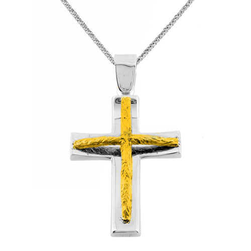Λευκόχρυσος μασίφ βαπτιστικός σταυρός Κ14 με αλυσίδα
