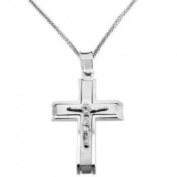 Λευκόχρυσος μασίφ σταυρός Κ14 με αλυσίδα