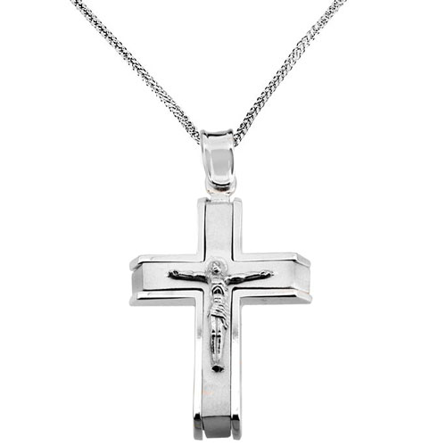 Λευκόχρυσος μασίφ σταυρός Κ14 με αλυσίδα