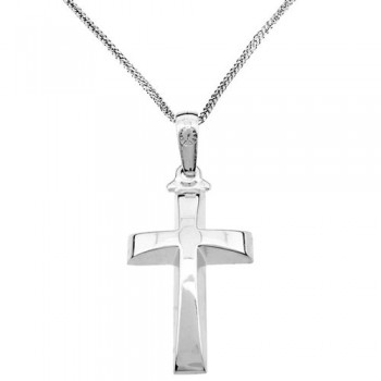 Λευκόχρυσος μασίφ σταυρός Κ14 με αλυσίδα