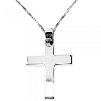 Λευκόχρυσος σταυρός Κ14 διπλής όψης με αλυσίδα