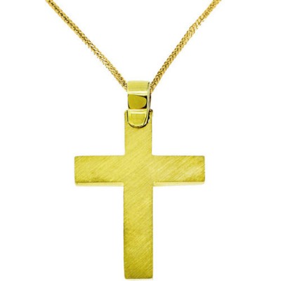 Χρυσός σταυρός διπλής όψης Κ14 με αλυσίδα