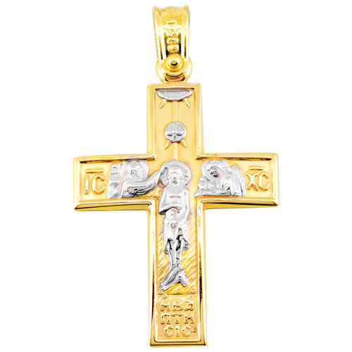 Χρυσός βαπτιστικός σταυρός διπλής όψης Κ14 με αλυσίδα