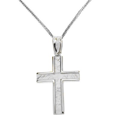 Λευκόχρυσος μασίφ σταυρός Κ14 με αλυσίδα