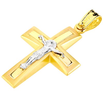 Χρυσός βαπτιστικός σταυρός διπλής όψης Κ14 με αλυσίδα