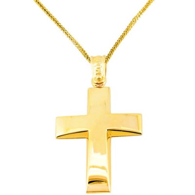 Χρυσός βαπτιστικός σταυρός διπλής όψης Κ14 με αλυσίδα