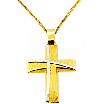 Χρυσός βαπτιστικός σταυρός διπλής όψης Κ14 με αλυσίδα