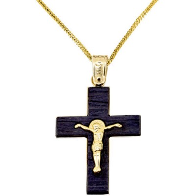 Χρυσός σταυρός Κ14 διπλής όψης με αλυσίδα
