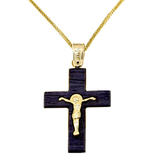 Χρυσός σταυρός Κ14 διπλής όψης με αλυσίδα