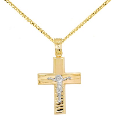 Χρυσός βαπτιστικός σταυρός διπλής όψης Κ14 με αλυσίδα