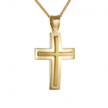 Χρυσός μασίφ σταυρός βάπτισης αρραβώνα Κ14 με αλυσίδα