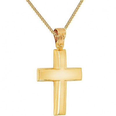 Χρυσός βαπτιστικός σταυρός διπλής όψης Κ14 με αλυσίδα
