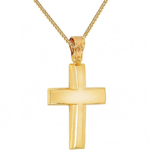 Χρυσός βαπτιστικός σταυρός διπλής όψης Κ14 με αλυσίδα