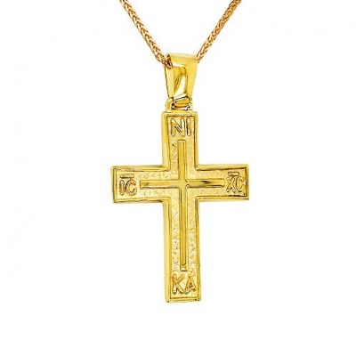 Χρυσός βαπτιστικός σταυρός διπλής όψης Κ14 με αλυσίδα