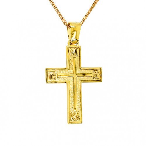 Χρυσός βαπτιστικός σταυρός διπλής όψης Κ14 με αλυσίδα