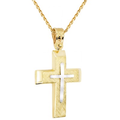 Χρυσός ανδρικός βαπτιστικός σταυρός διπλής όψης Κ14 με αλυσίδα