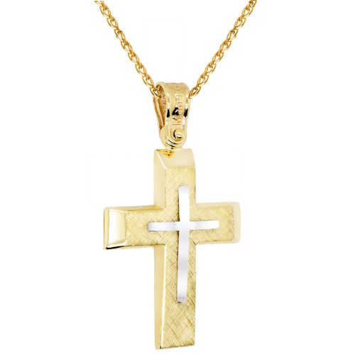 Χρυσός ανδρικός βαπτιστικός σταυρός διπλής όψης Κ14 με αλυσίδα