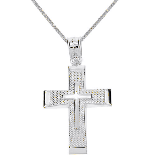 Λευκόχρυσος ανδρικός βαπτιστικός σταυρός Κ14 με αλυσίδα