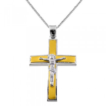 Δίχρωμος μασίφ σταυρός βάπτισης αρραβώνα Κ14 με αλυσίδα