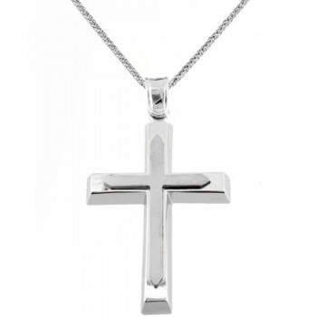Λευκόχρυσος μασίφ βαπτιστικός σταυρός Κ14 με αλυσίδα