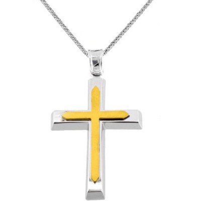 Λευκόχρυσος μασίφ βαπτιστικός σταυρός Κ14 με αλυσίδα