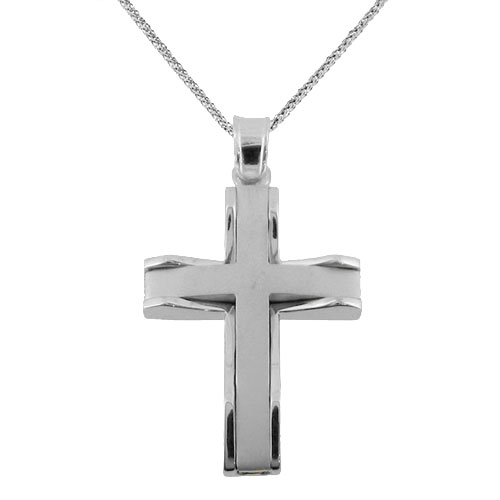 Μασίφ λευκόχρυσος σταυρός βάπτισης αρραβώνα Κ14 με αλυσίδα