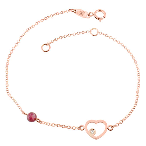 Βραχιόλι καρδιά από ροζ χρυσό Κ14 με τουρμαλίνη