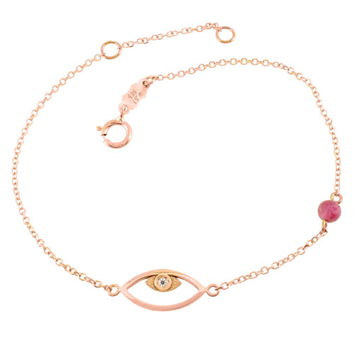 Βραχιόλι μάτι από ροζ χρυσό Κ14 με τουρμαλίνη