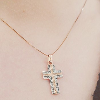 Σταυρός από ροζ χρυσό Κ14 με αλυσίδα