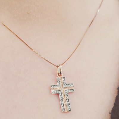 Σταυρός από ροζ χρυσό Κ14 με αλυσίδα