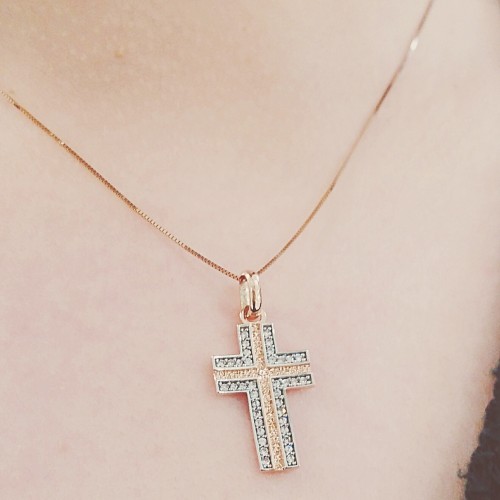 Σταυρός από ροζ χρυσό Κ14 με αλυσίδα