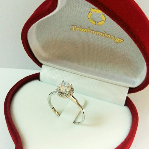 Λευκόχρυσο μονόπετρο δαχτυλίδι ροζέτα Κ14 με ζιργκόν