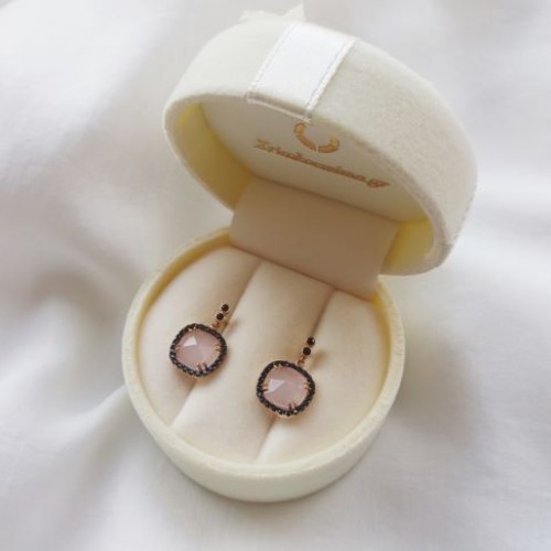 Σκουλαρίκια από ροζ χρυσό Κ14 με χαλαζία