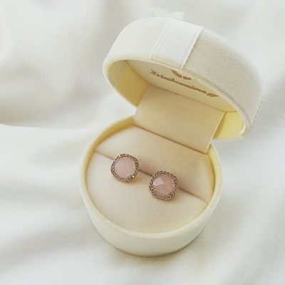 Σκουλαρίκια από ροζ χρυσό Κ14 με χαλαζία και ζιργκόν