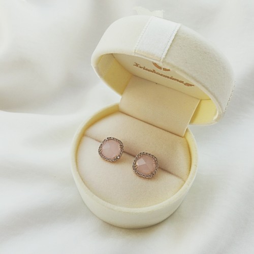 Σκουλαρίκια από ροζ χρυσό Κ14 με χαλαζία και ζιργκόν