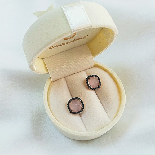 Σκουλαρίκια από ροζ χρυσό Κ14 με ζιργκόν και ορυκτό χαλαζία