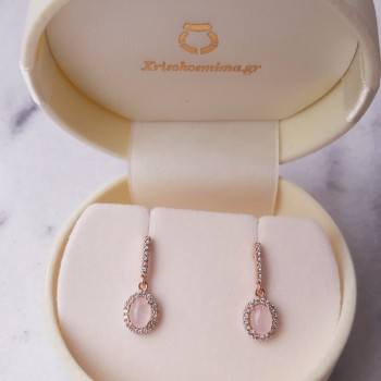Ροζ χρυσά κρεμαστά σκουλαρίκια Κ14 με χαλαζία